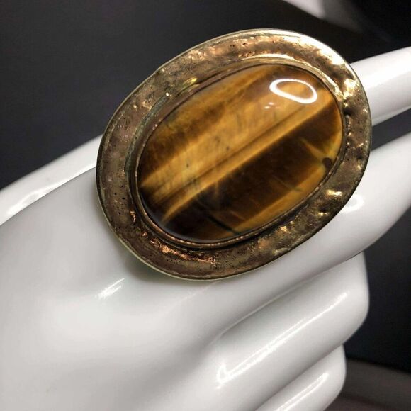 2001 Bold large Tiger's Eye Statement Ring Silver tone & Gold tone adjustable - Picture 1 of 2